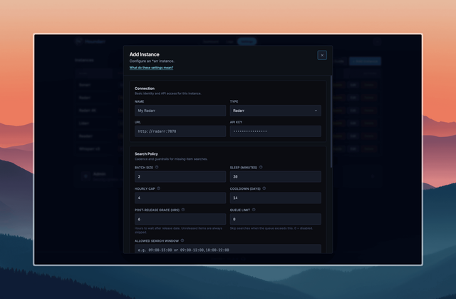 The Houndarr Add Instance form showing search, cutoff, and upgrade configuration fields
