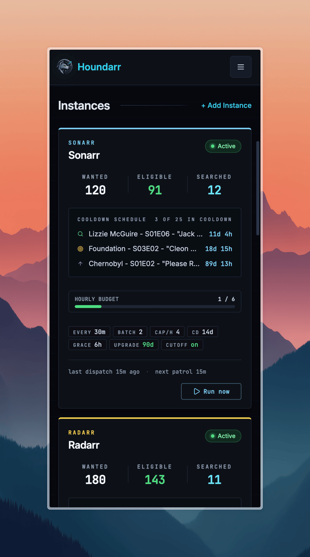 The Houndarr Dashboard Instances section on a phone-width viewport with cards stacked one per row