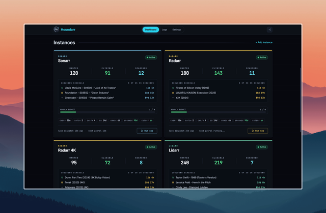 The Houndarr Dashboard Instances section with per-instance cards showing WANTED / ELIGIBLE / SEARCHED stats, Cooldown schedule panel, policy chips, and Run Now button