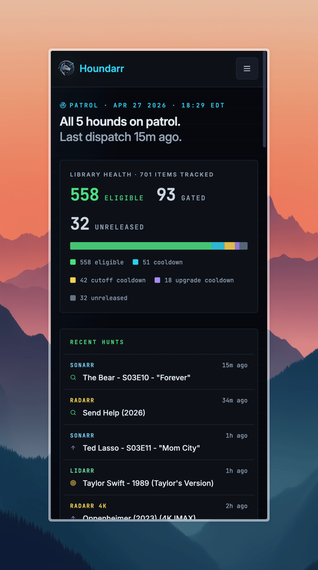 The Houndarr Dashboard library-health section rendered on a phone-width viewport with the subheader, gating bar, legend, and Recent hunts list stacked vertically