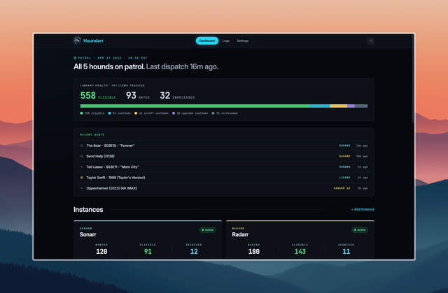 The Houndarr Dashboard library-health section with the adaptive subheader, a five-segment library-health bar, and the Recent hunts strip of the last five dispatches