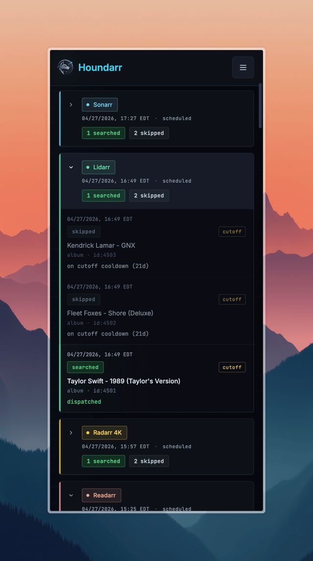 The Houndarr Logs page on mobile with several cycle cards stacked vertically, one expanded inline to reveal its searched and skipped rows