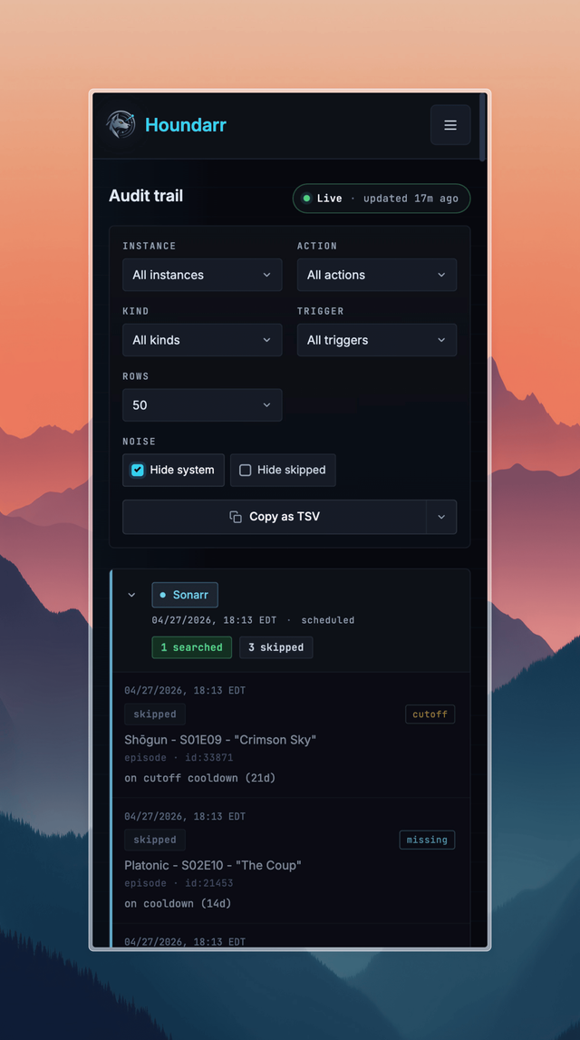 The Houndarr Logs page on mobile, scrolled to the top, showing the Audit trail filters (instance, action, kind, trigger, rows), Hide system and Hide skipped noise toggles, the Live update indicator, and the most recent cycle card