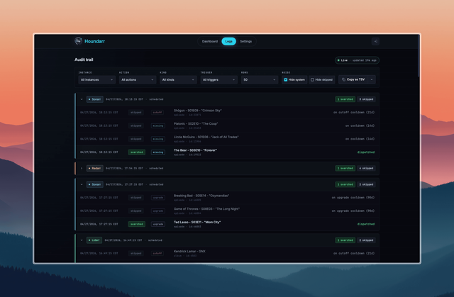 The Houndarr Logs page showing filter controls, cycle summary stats, and a table of skipped and searched rows