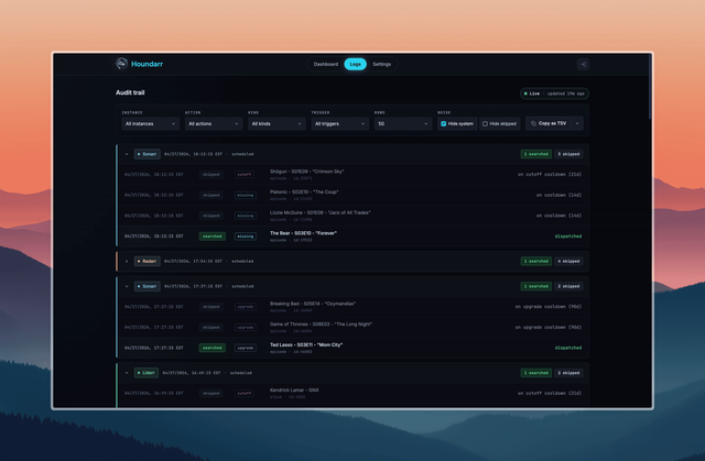 The Houndarr Logs page showing filter controls, cycle summary stats, and a table of skipped and searched rows from Sonarr and Radarr cycles