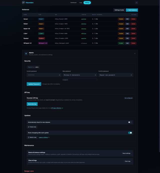 The Houndarr Admin panel expanded under the Settings page, showing the Admin header with the subtitle Security, system, and maintenance settings, followed by the Security, API key, Updates, Maintenance, and Danger sub-sections
