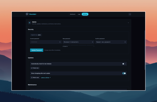 The Houndarr Admin panel expanded under the Settings page, showing the Admin header (Security, updates, maintenance, and factory-reset actions) above the Security section (Signed in as admin, Current / New / Confirm password fields, strength meter, Update Password button) and the Updates section (Automatically check for new releases toggle, Check now button, Show changelog after each update toggle, What's new button, Latest on GitHub link), with the Maintenance heading visible at the bottom edge