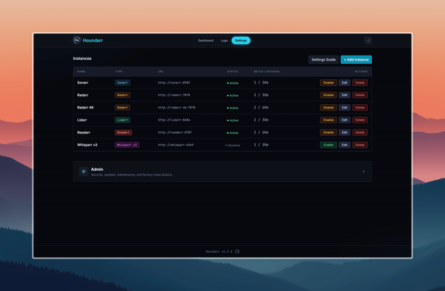 The Houndarr Settings page showing an Instances table with an Add Instance button in the top right