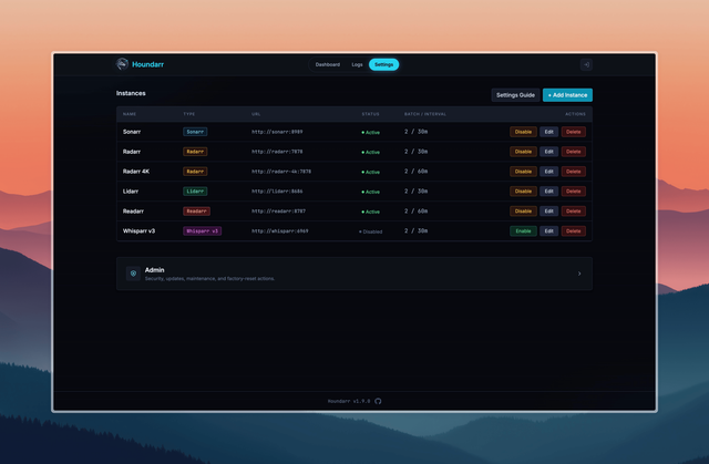 The Houndarr Settings page showing the instance list with per-row enable toggles