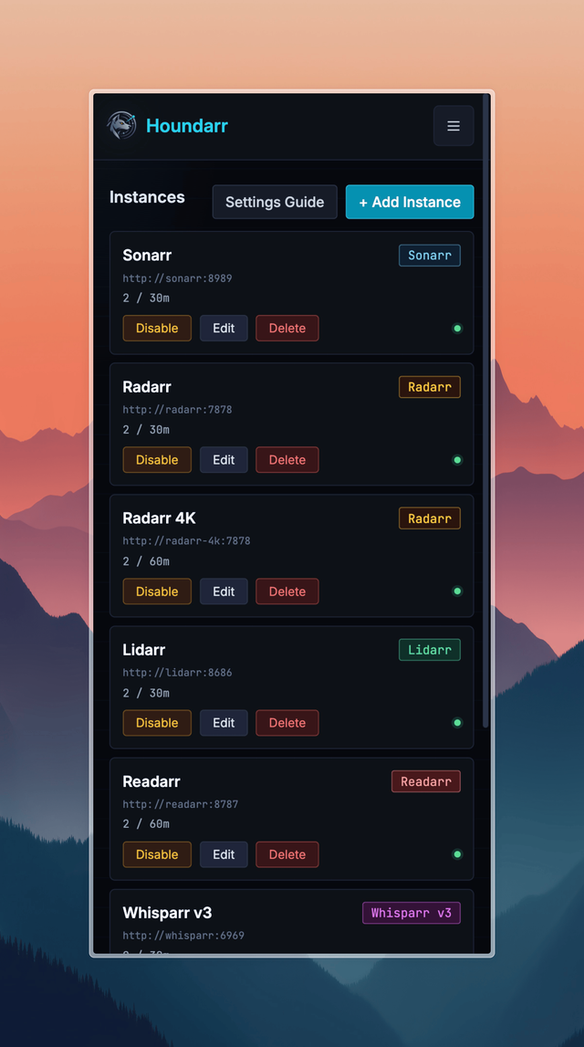 The Houndarr Settings page rendered on a mobile viewport, with each instance shown as a stacked row carrying Disable, Edit, and Delete buttons