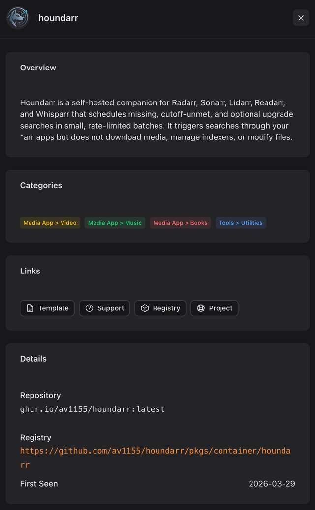 Houndarr in the Unraid Community Applications store, showing the Overview text, Categories row, Template / Support / Registry / Project links, and container repository details including first-seen date