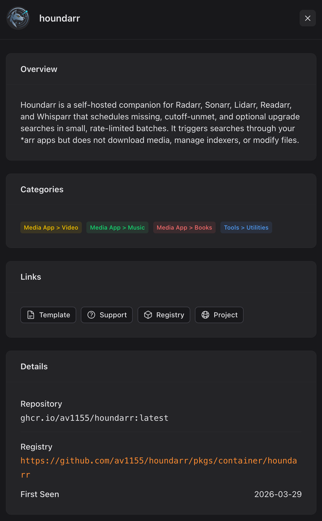 Houndarr in the Unraid Community Applications store, showing the Overview text, Categories row, Template / Support / Registry / Project links, and container repository details including first-seen date
