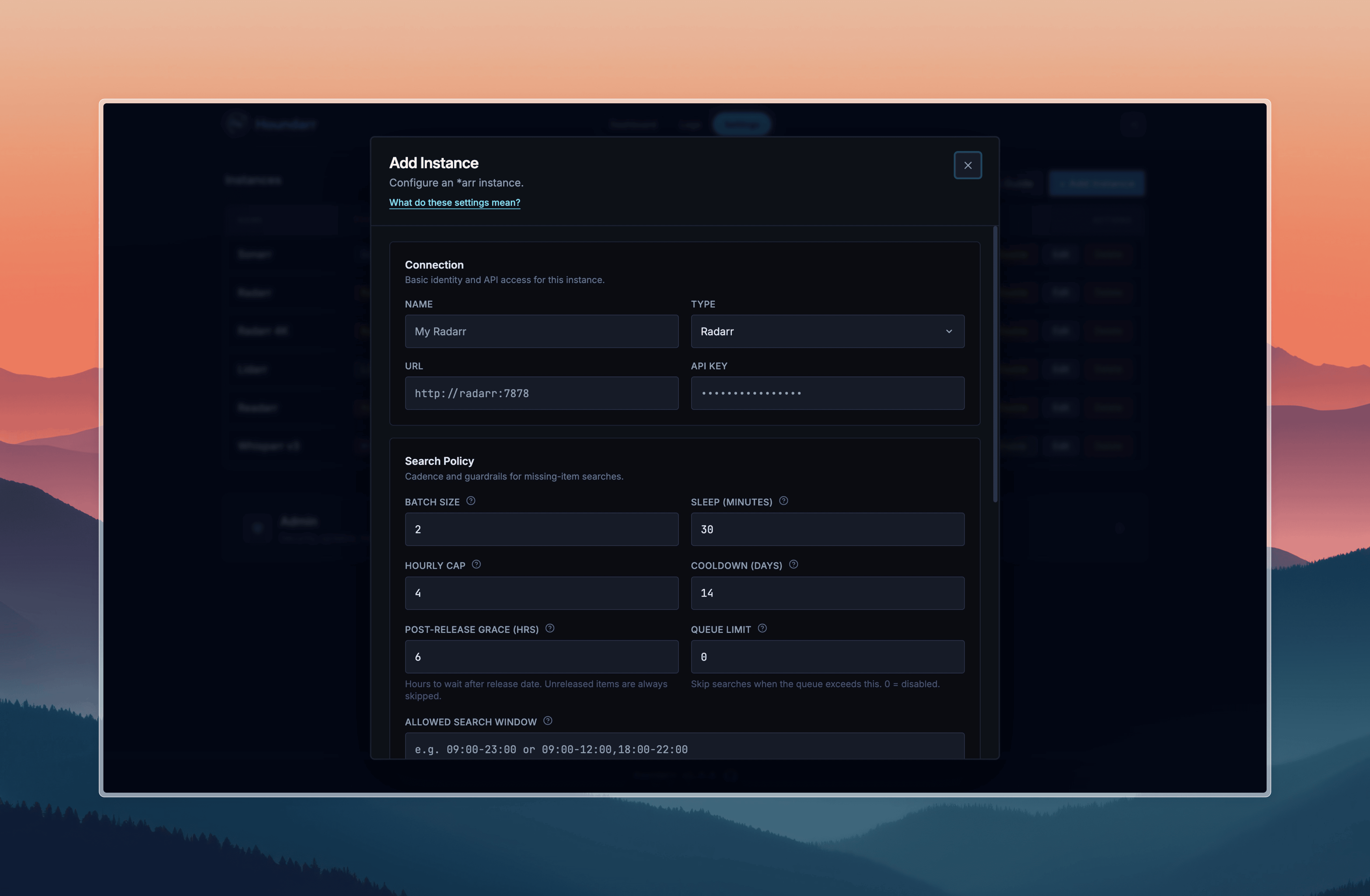 Houndarr Add Instance: search, cutoff, and upgrade configuration