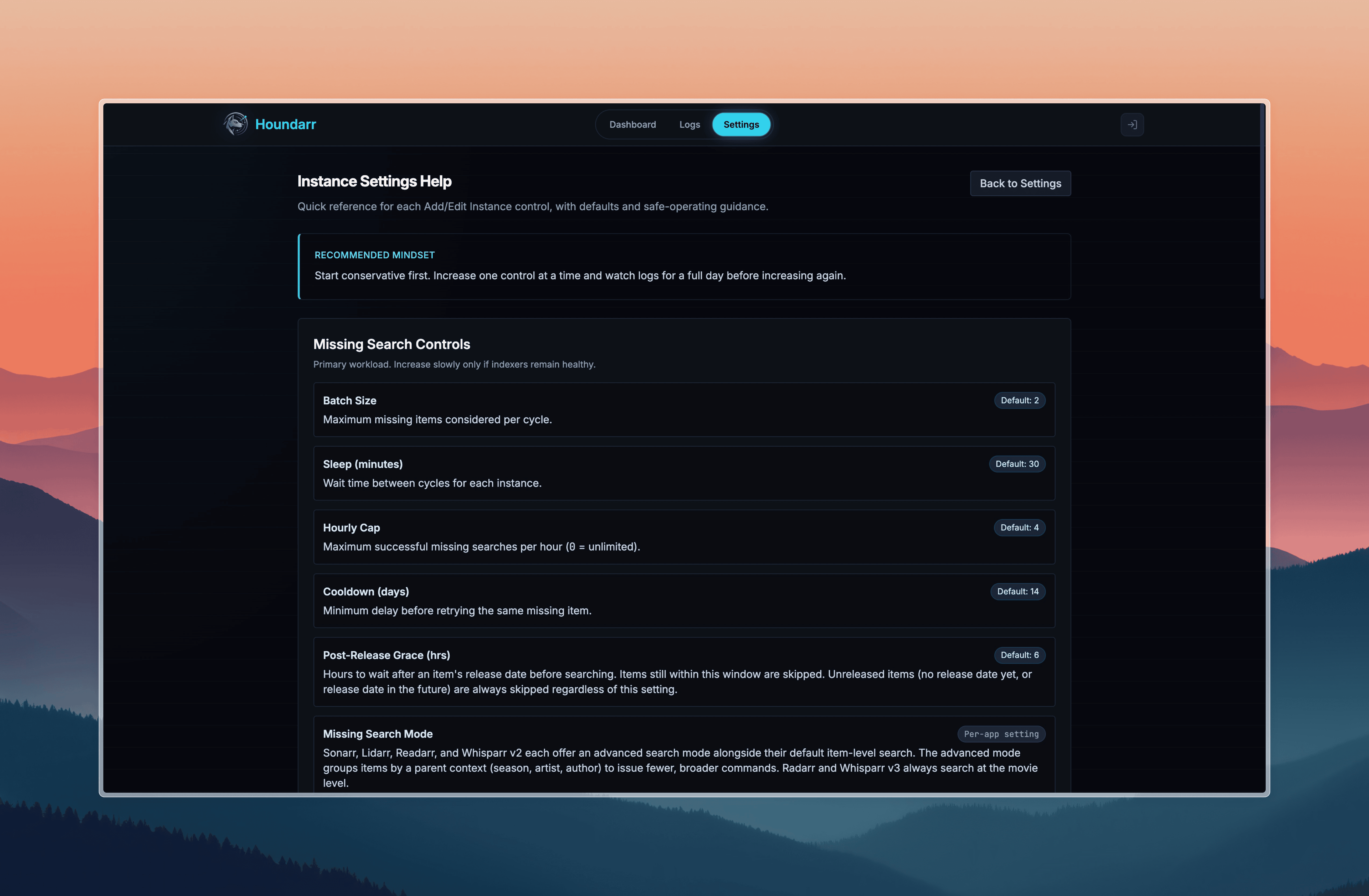 Houndarr Help: in-app settings reference