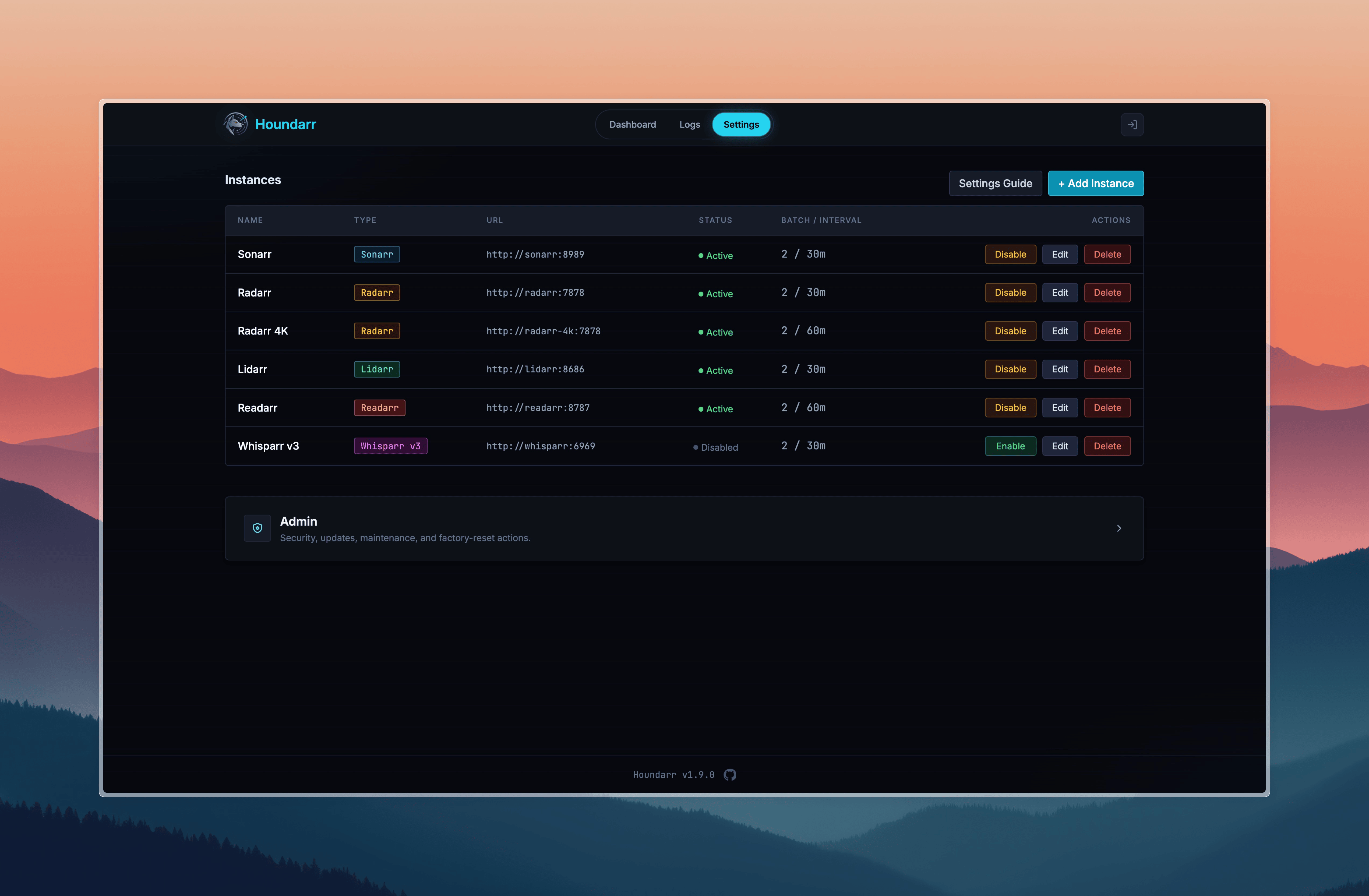 Houndarr Settings: instance list with enable toggles